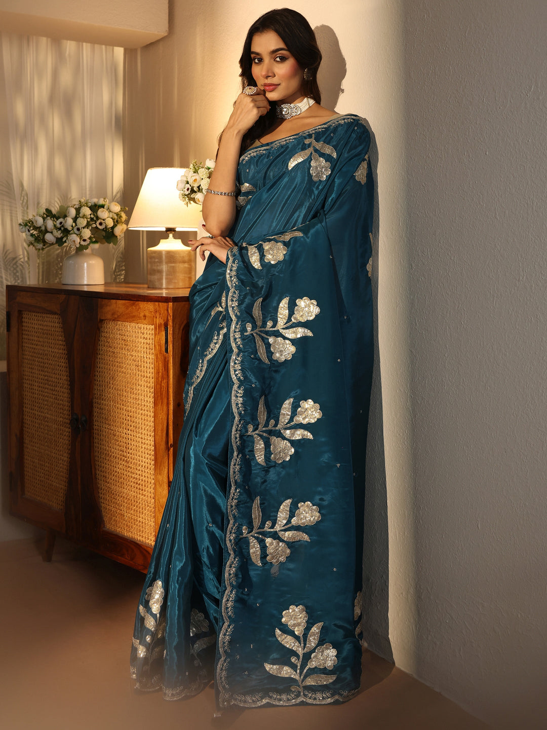 Teal Blue Floral Embellished Satin Saree