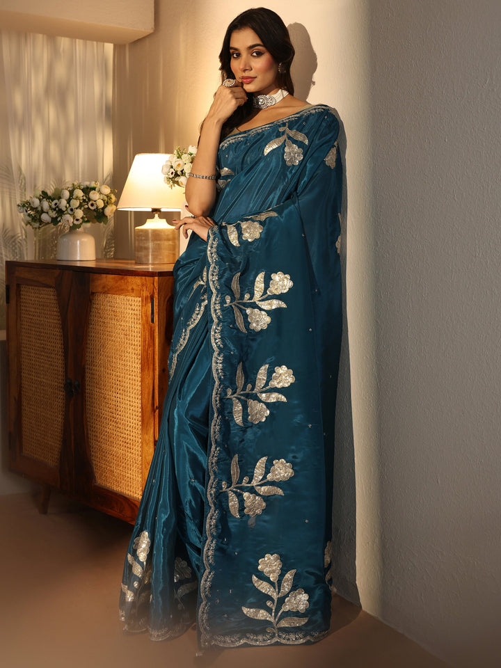 Teal Blue Floral Embellished Satin Saree