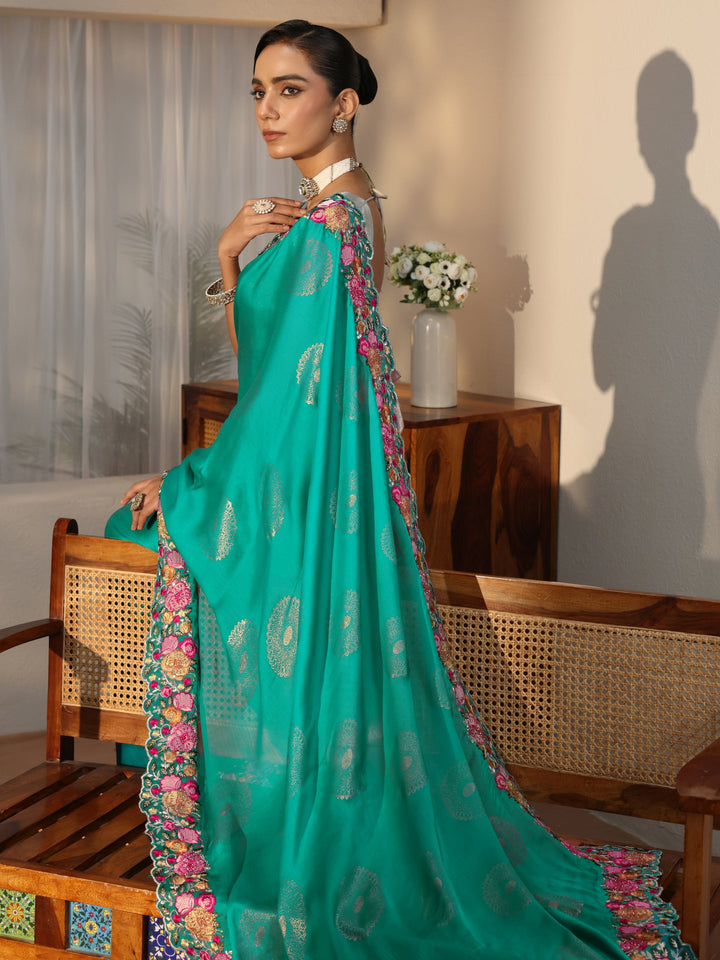 Teal Blue Printed Chiffon Saree with Floral Border