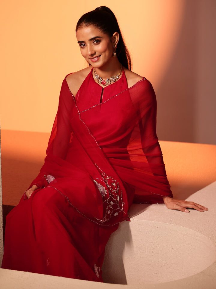 Libas Vermilion Red Floral Embellished Chiffon Saree