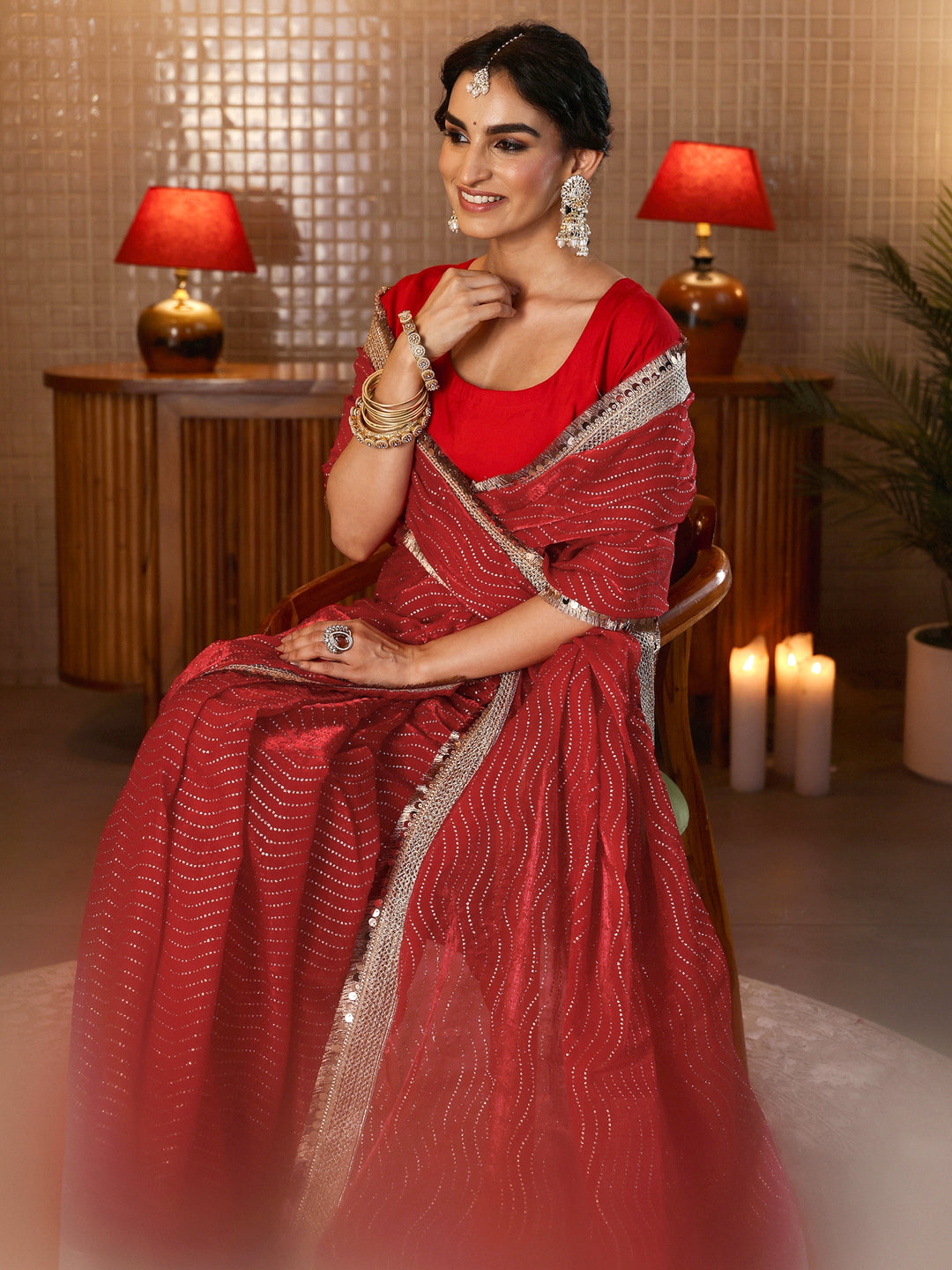 Vermilion Red Leheriya Embellished Tissue Saree