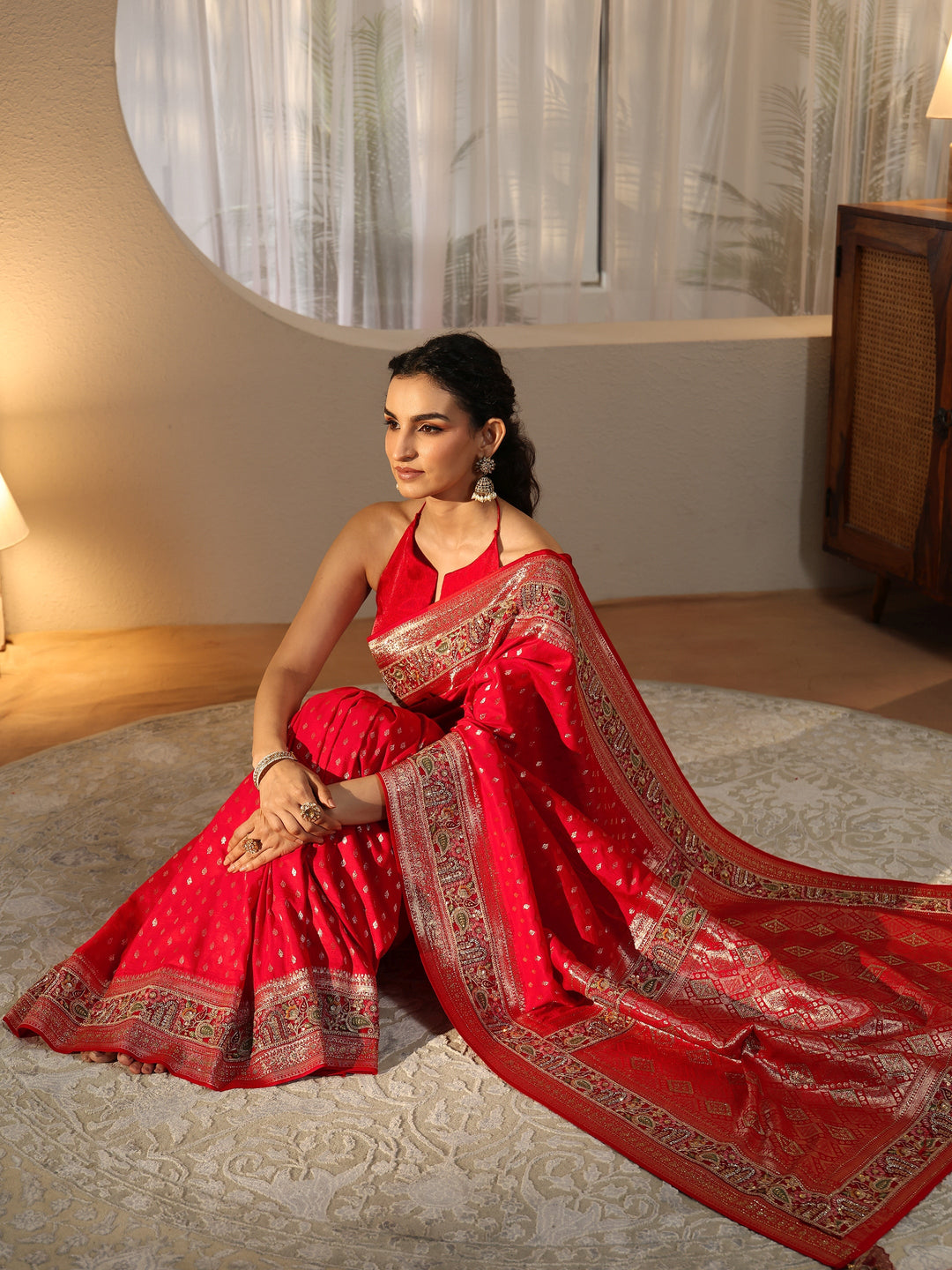 Libas Art Vermilion Red Silk Blend Saree with Woven Border