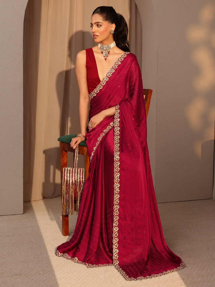 Libas Vermillion Red Embellished Chiffon Saree