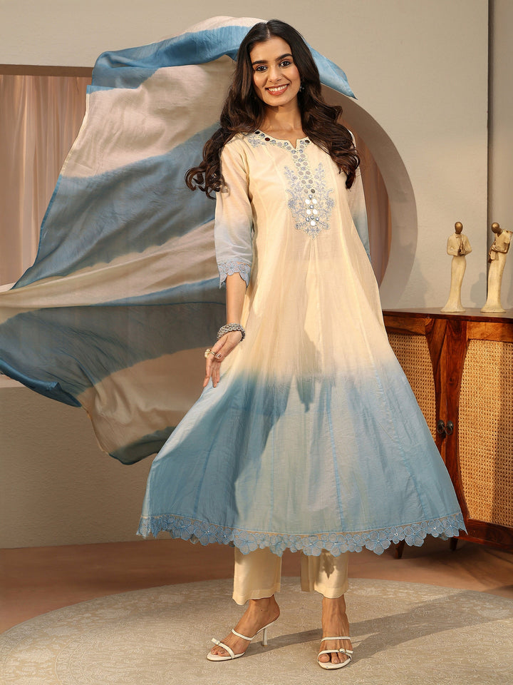 Libas White Floral Embroidered Silk Blend A-line Suit Set