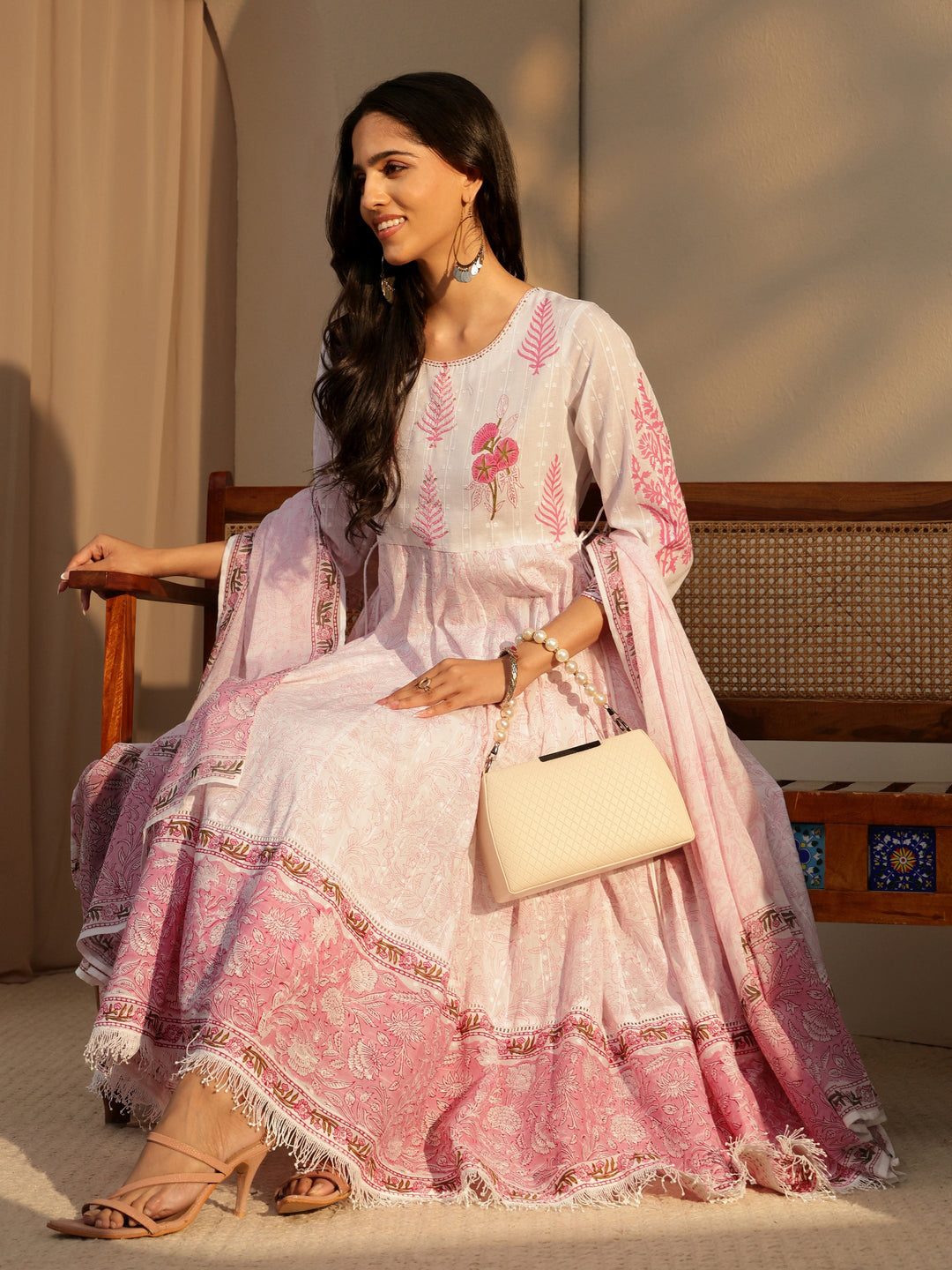 Buy Libas White Floral Printed Cotton Anarkali Suit Set Online in Canada at $79.00