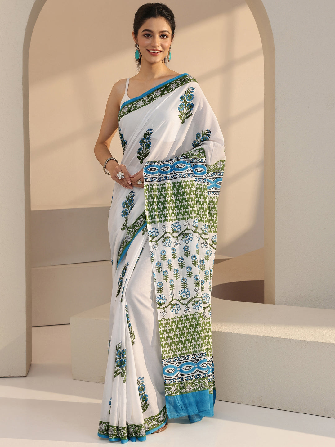 Libas White Floral Block Printed Cotton Saree
