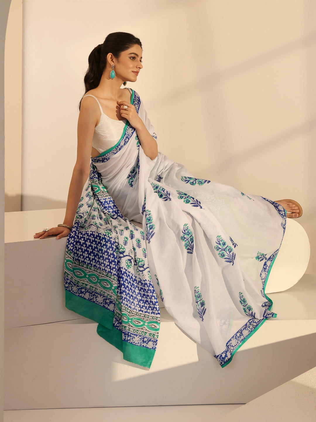 Libas White Block Printed Cotton Saree