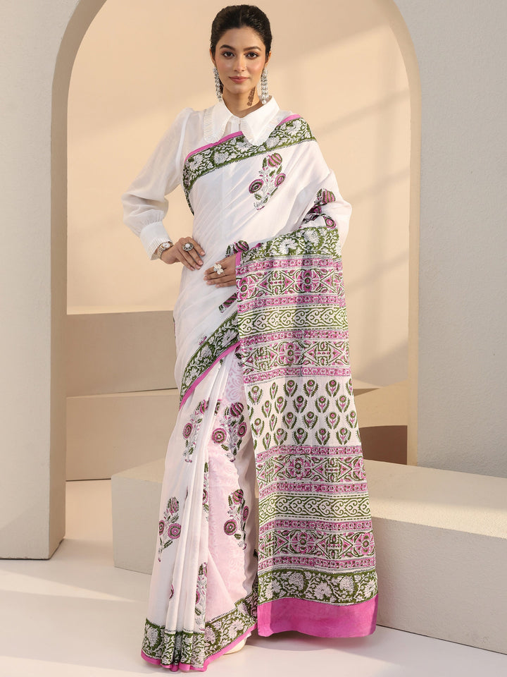 Libas White Floral Printed Cotton Saree