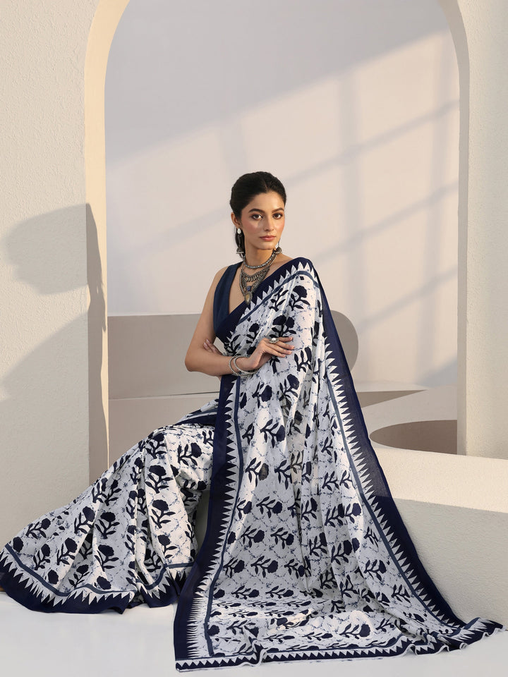 Libas White Floral Print Batik Cotton Saree