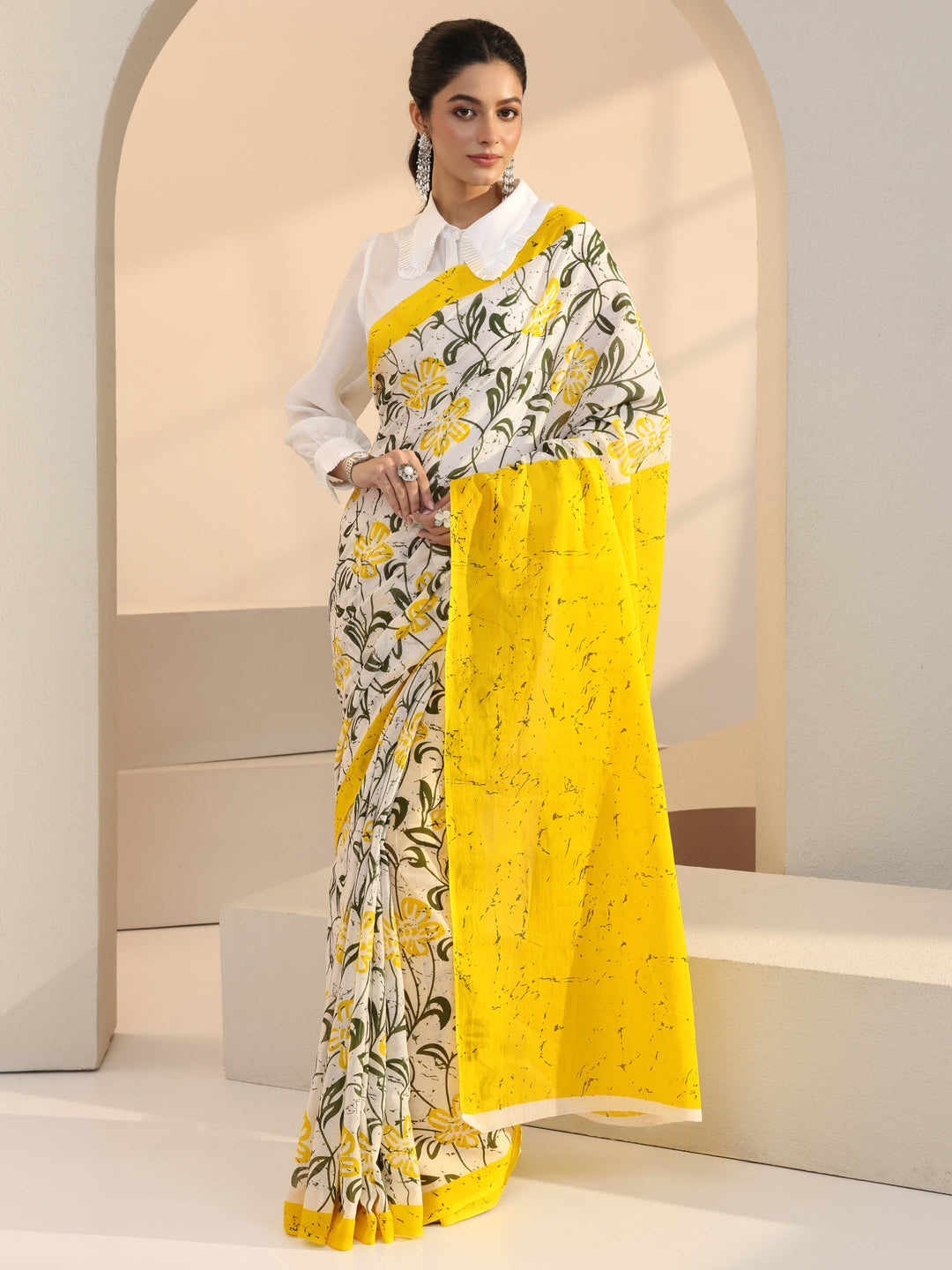Libas White Floral Print Cotton Saree with Yellow Pallu