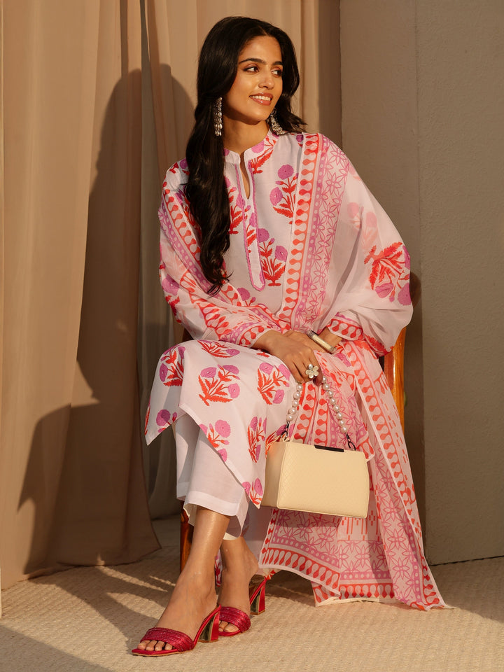 Libas White Floral Printed Straight  Cotton Blend Suit Set