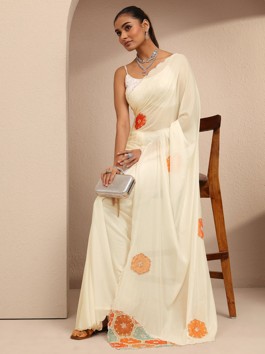 White Geometric Embellished Silk Blend Saree With Unstitched Blouse Piece