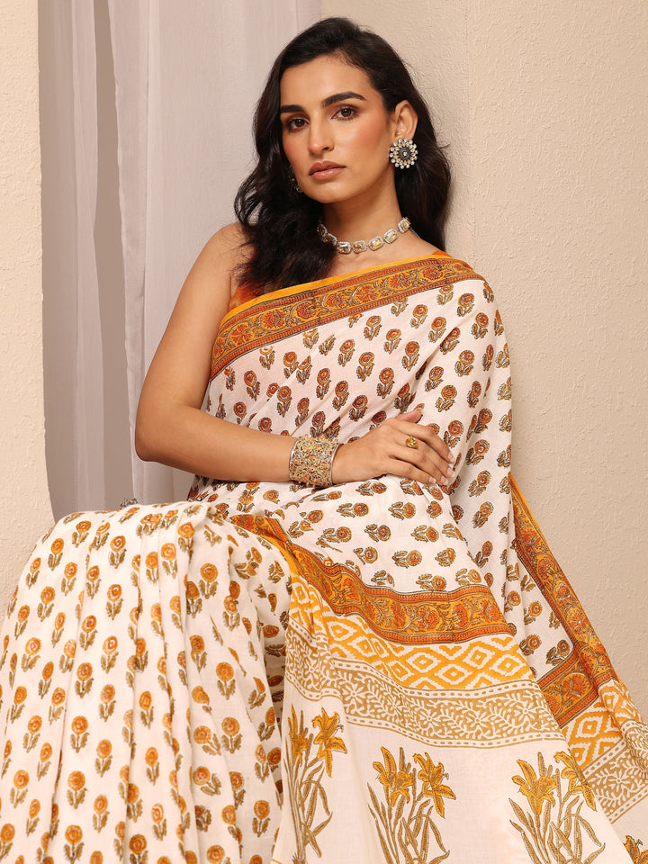 White Printed Cotton Saree With Unstitched Blouse Piece