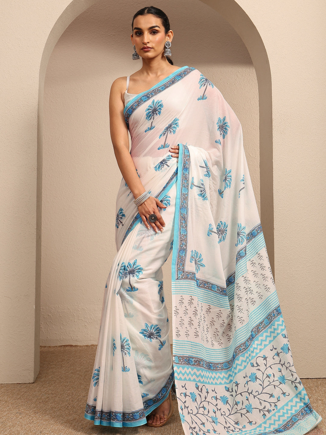 White Tropical Printed Cotton Saree With Unstitched Blouse Piece