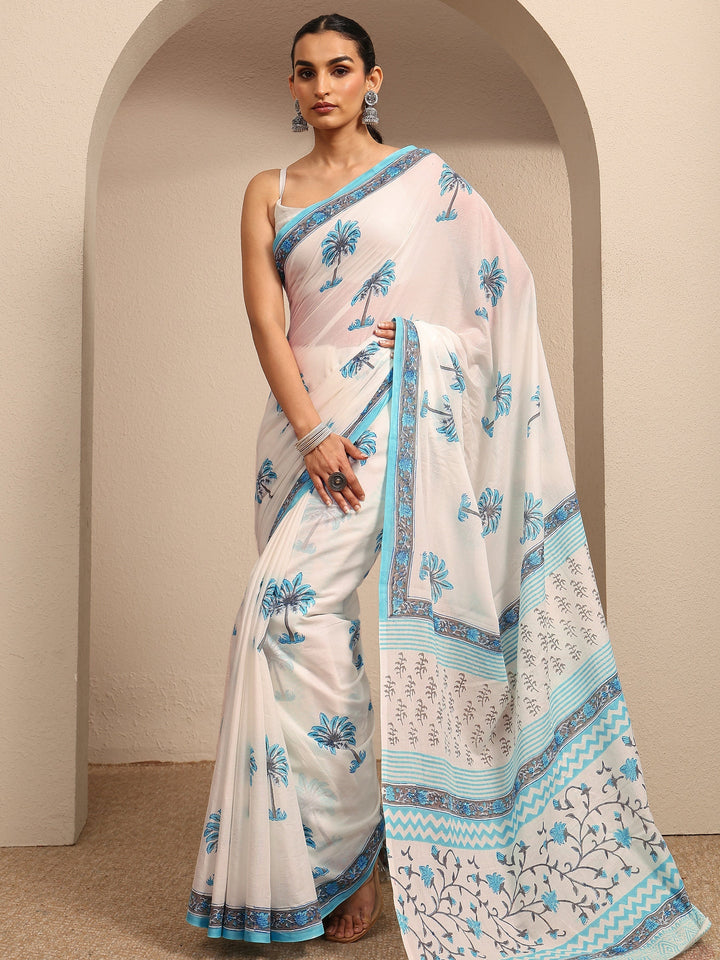 White Tropical Printed Cotton Saree With Unstitched Blouse Piece
