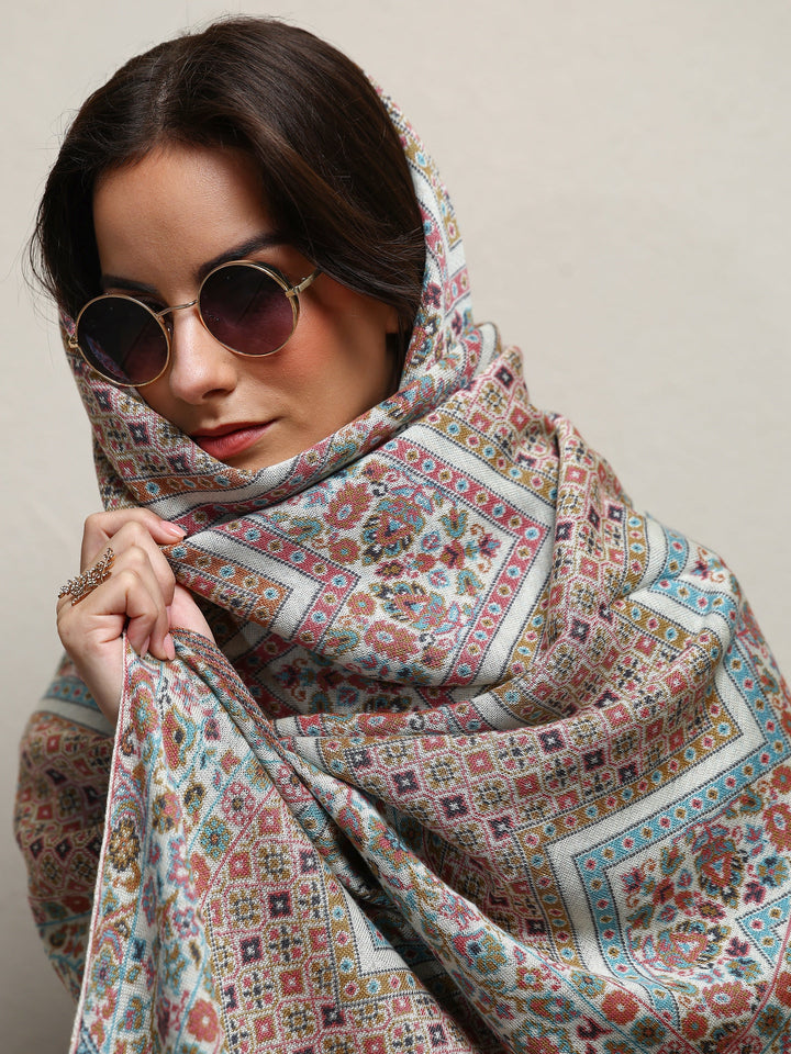 White Woven Design Wool Wrap Shawl 