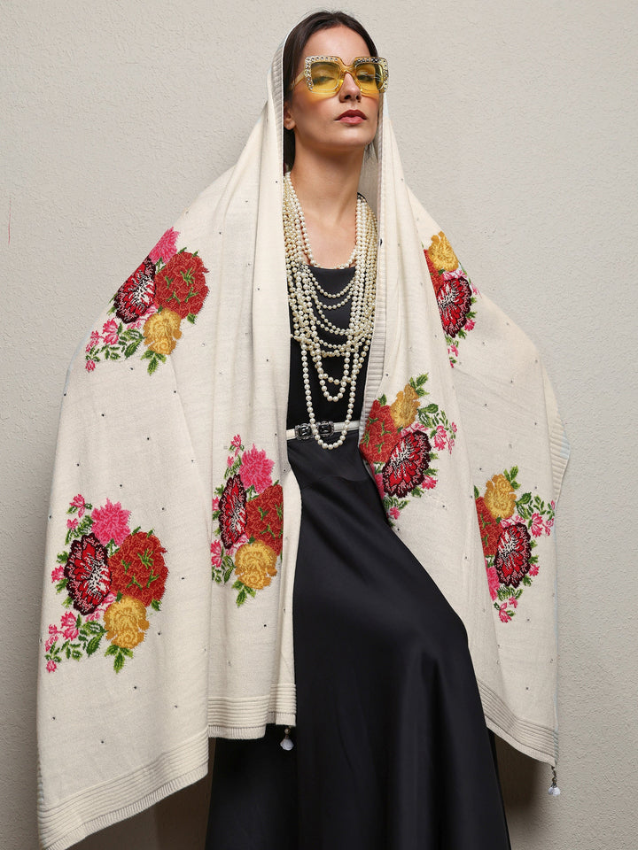 White Woven Design Wool Wrap Shawl 