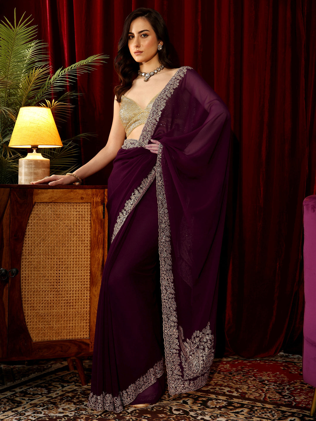 Libas Wine Red Solid Georgette Saree