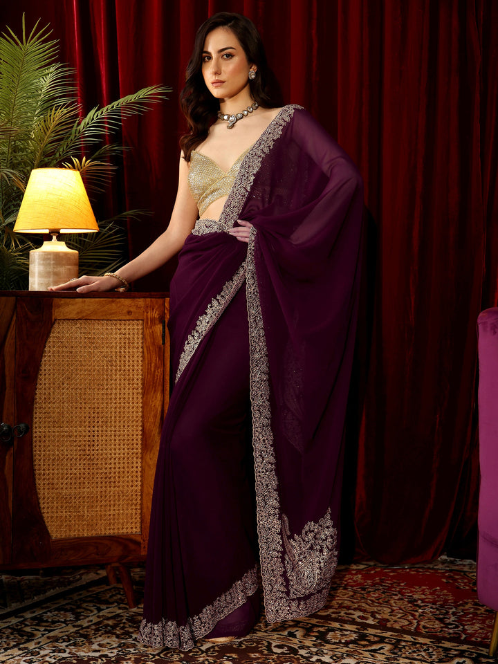 Libas Wine Red Solid Georgette Saree