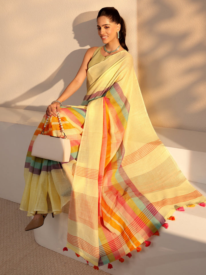 Libas Yellow Colorblock Printed Cotton Blend Saree