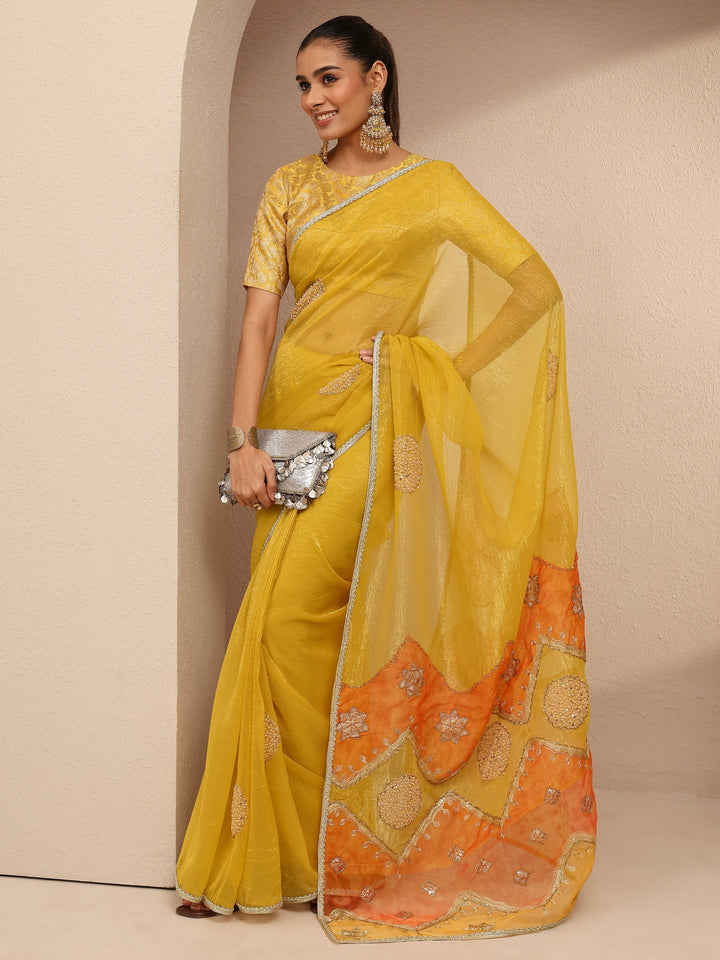 Yellow Embellished Silk Blend Saree With Unstitched Blouse Piece