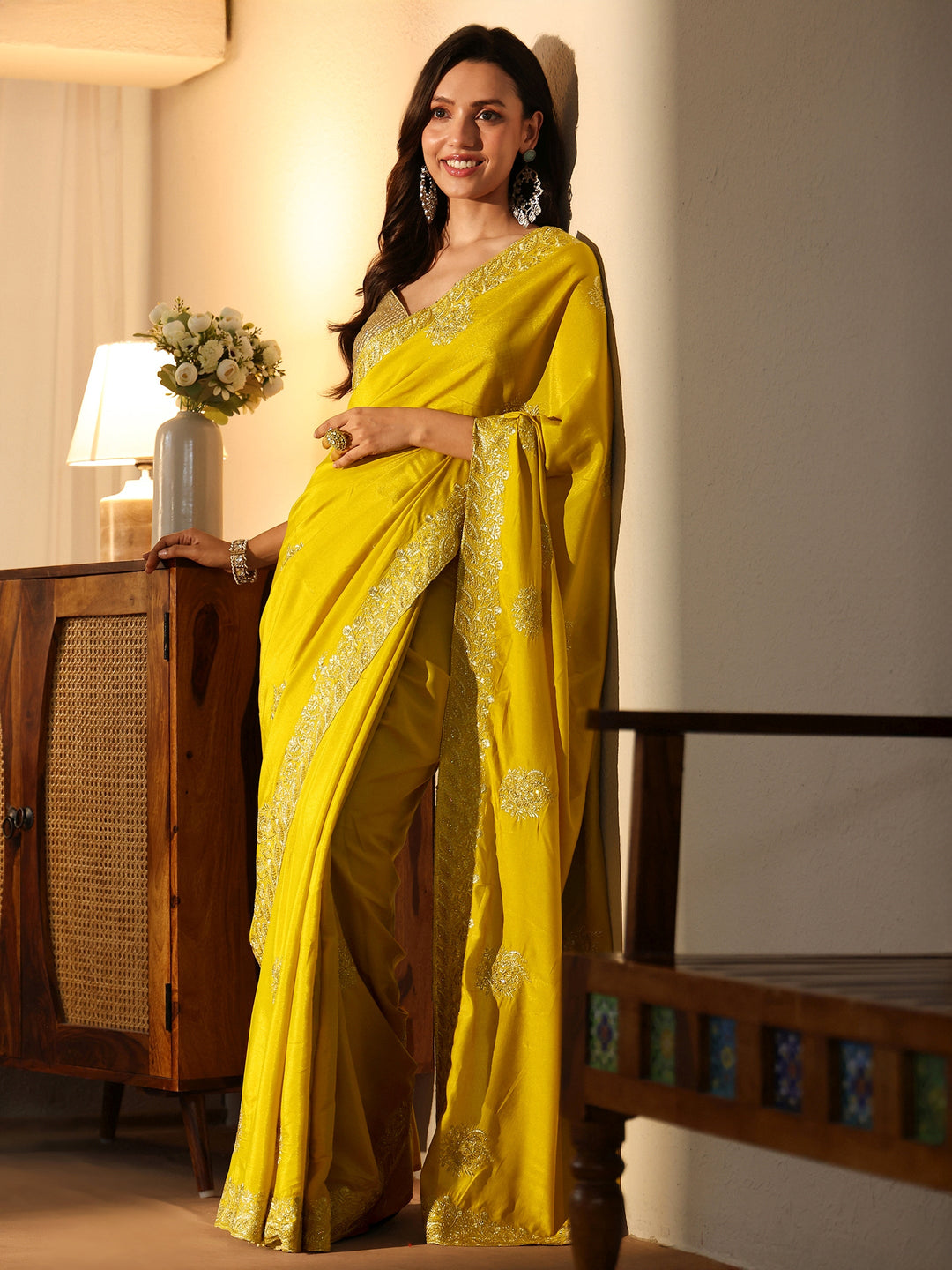 Libas Yellow Floral Embellished Silk Blend Saree