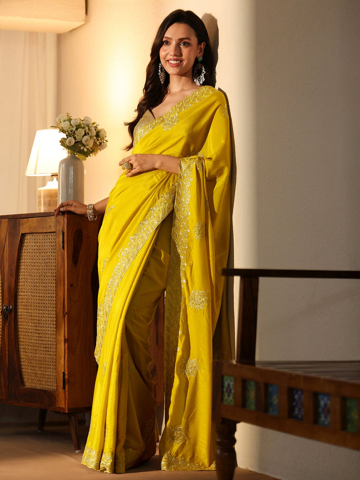 Libas Yellow Floral Embellished Silk Blend Saree