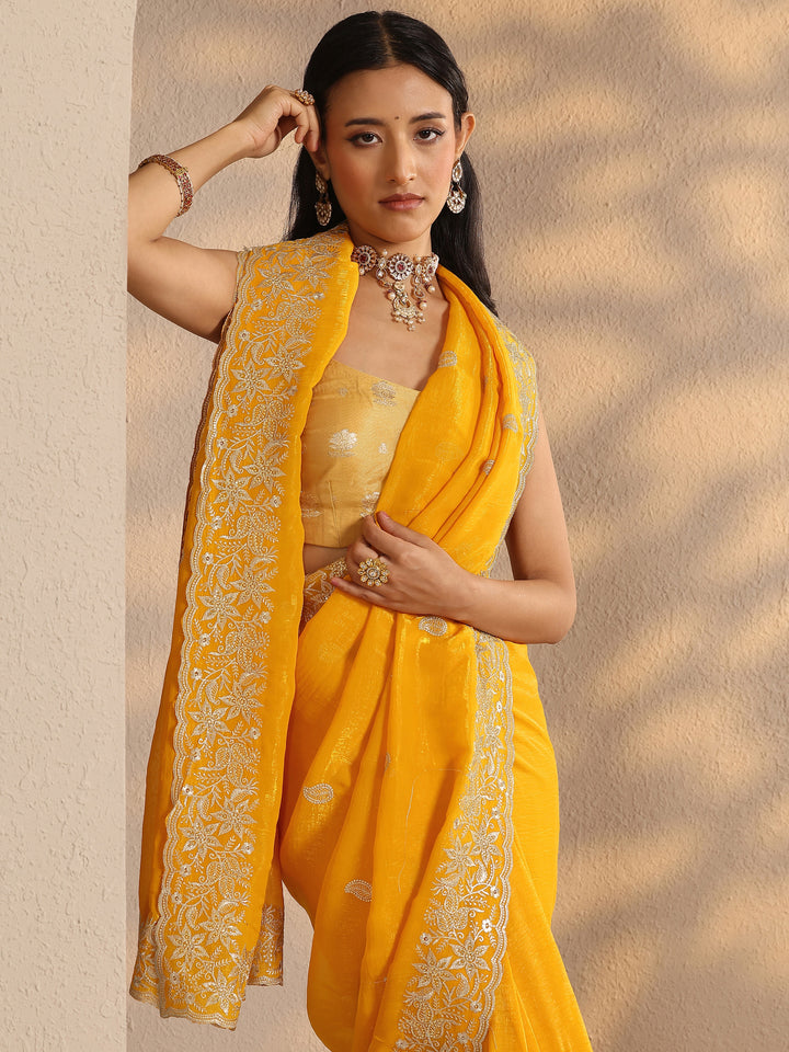 Yellow Paisley Embroidered Silk Blend Saree With Unstitched Blouse Piece
