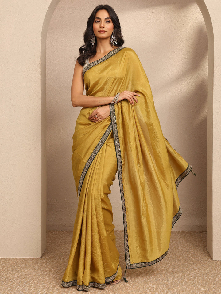 Yellow Solid Silk Blend Saree With Unstitched Blouse Piece
