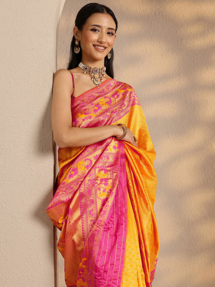 Yellow Woven Design Silk Blend Banarasi Saree With Unstitched Blouse Piece