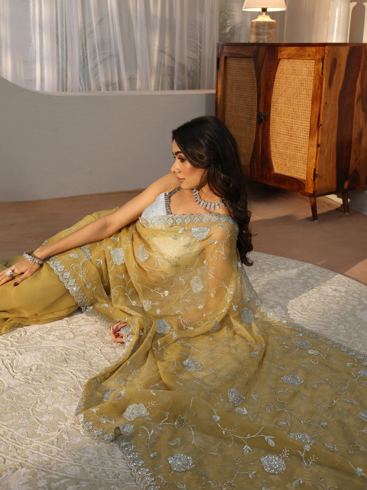 Yellow Floral Embroidered Chiffon Saree