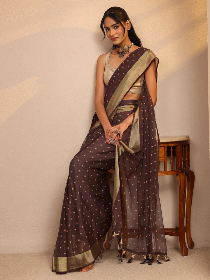 Libas Antique Brown Floral Printed Georgette Pre Draped Saree