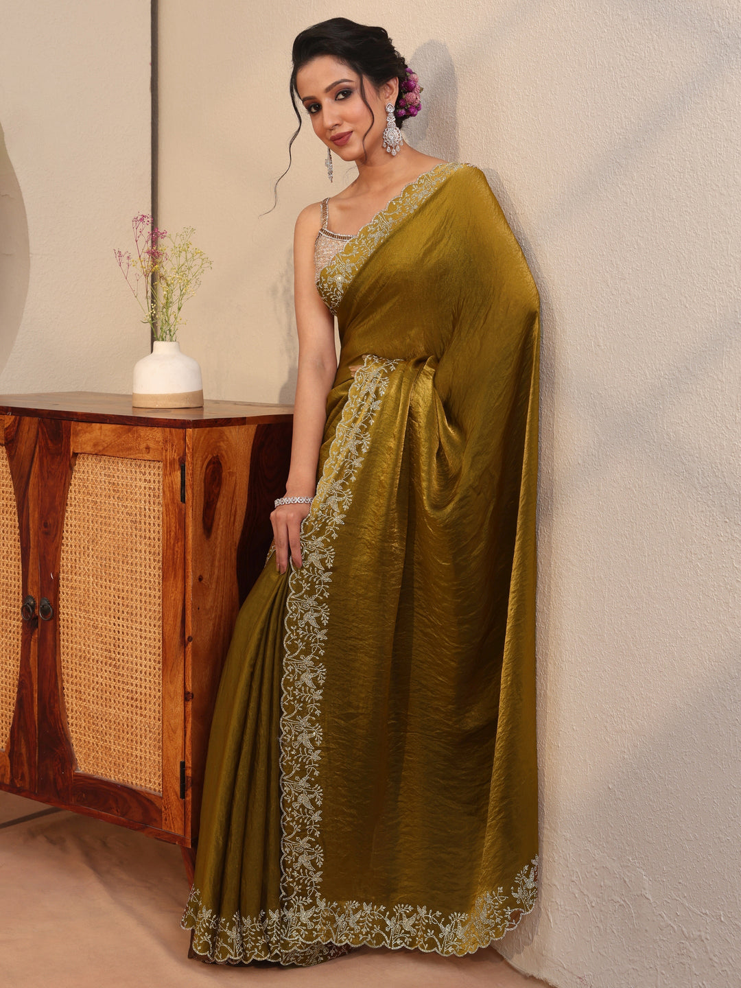 Antique Gold Tissue Saree With Embroidered Border