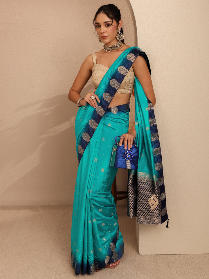 Libas Aqua Blue Ethnic Woven Design Silk Blend Saree