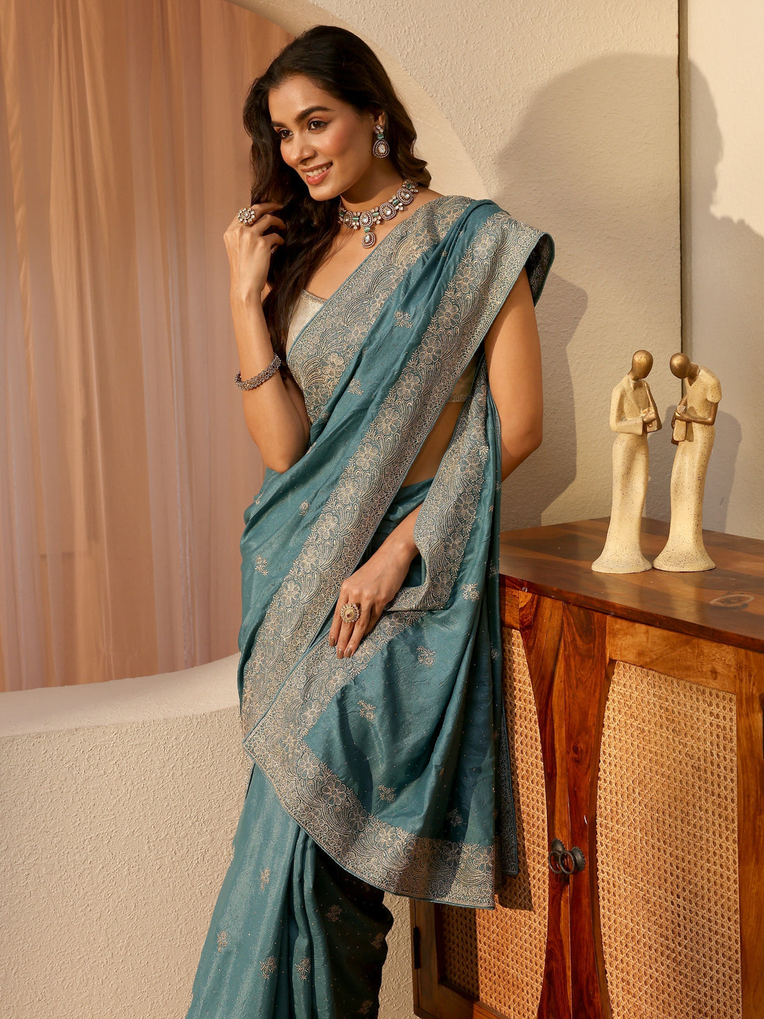 Aqua Blue Floral Embroidered Satin Saree