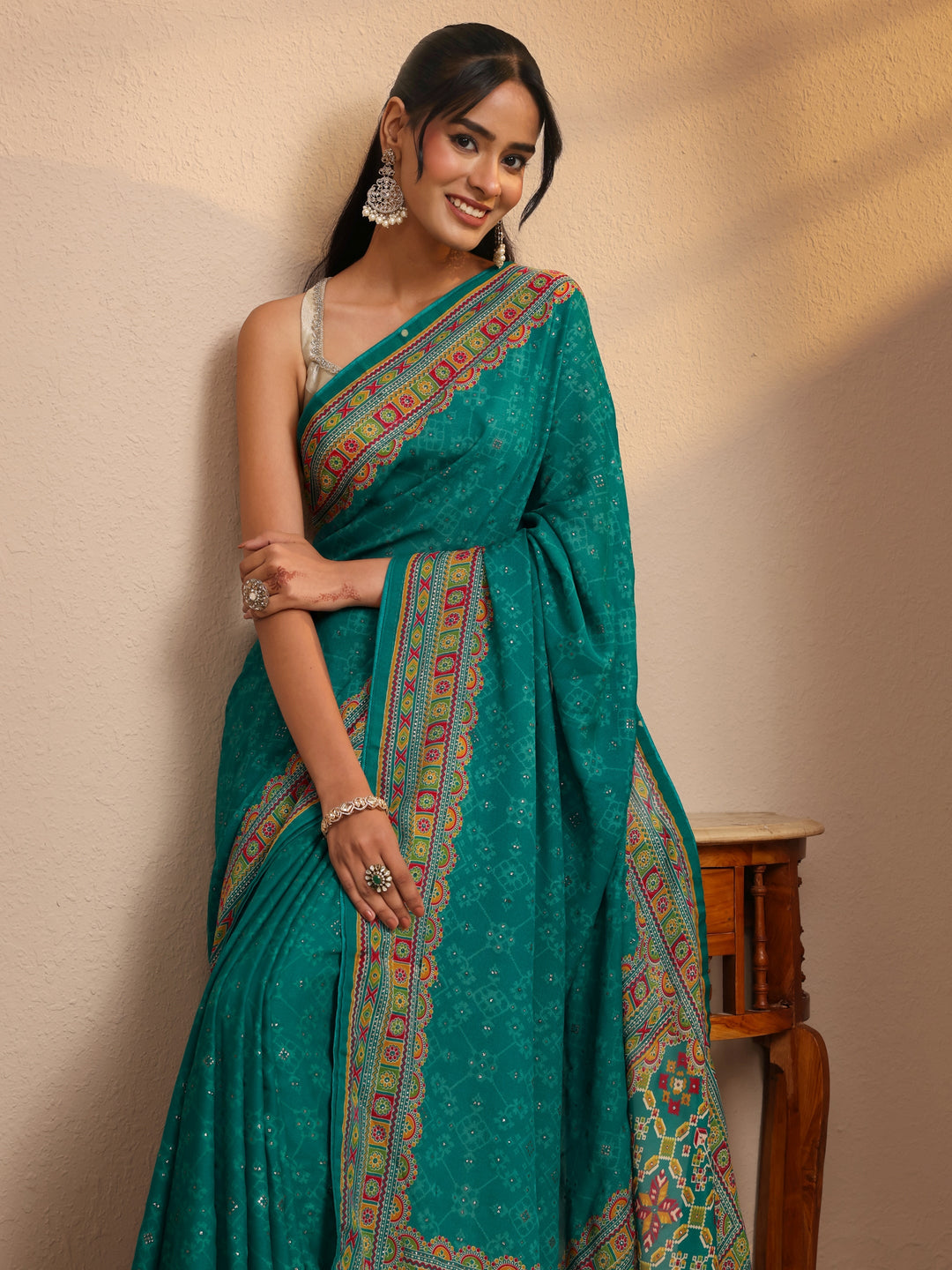 Aqua Blue Printed Silk Blend Saree