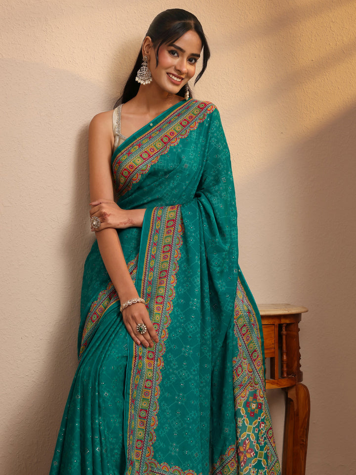 Libas Aqua Blue Printed Silk Blend Saree