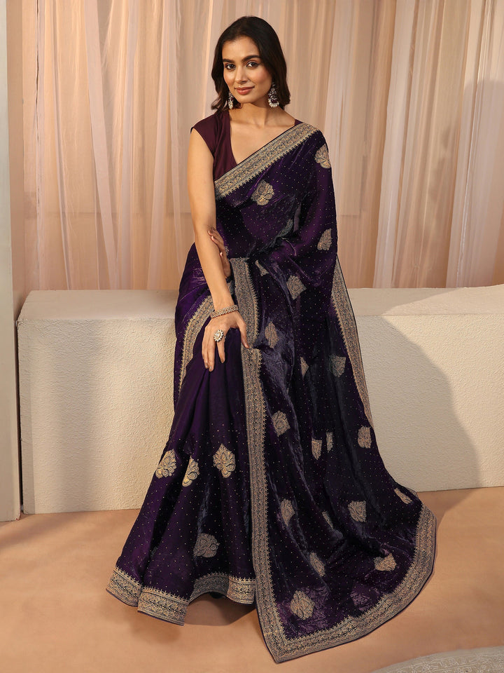 Aubergine Purple Ethnic Embellished Tissue Saree