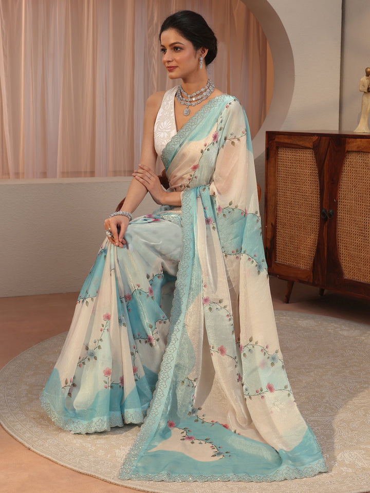 Baby Blue And Ivory Embellished Tissue Saree