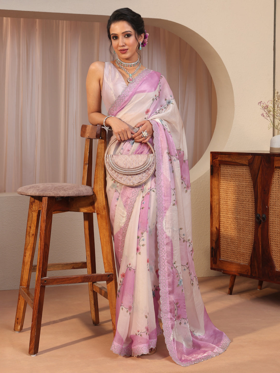 Baby Pink And Ivory Embellished Tissue Saree