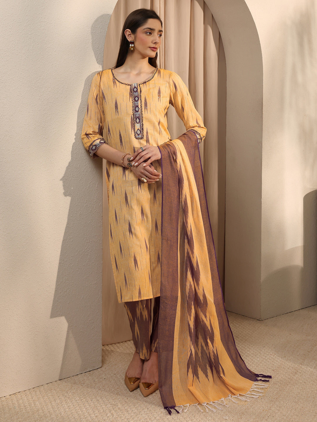 Beige Abstract Printed Cotton Straight Suit Set With Dupatta