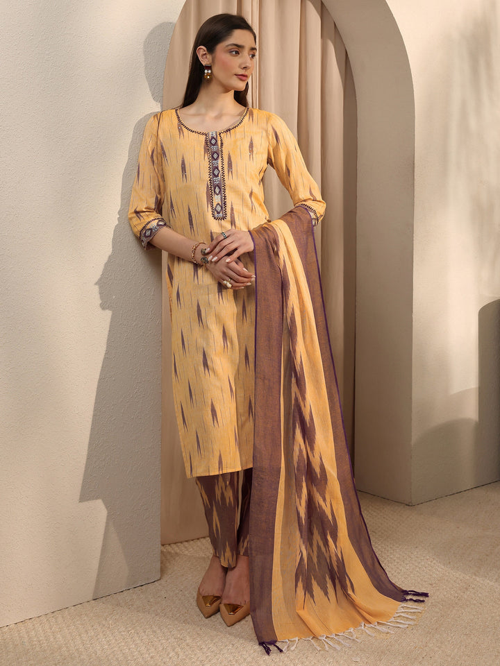 Beige Abstract Printed Cotton Straight Suit Set With Dupatta