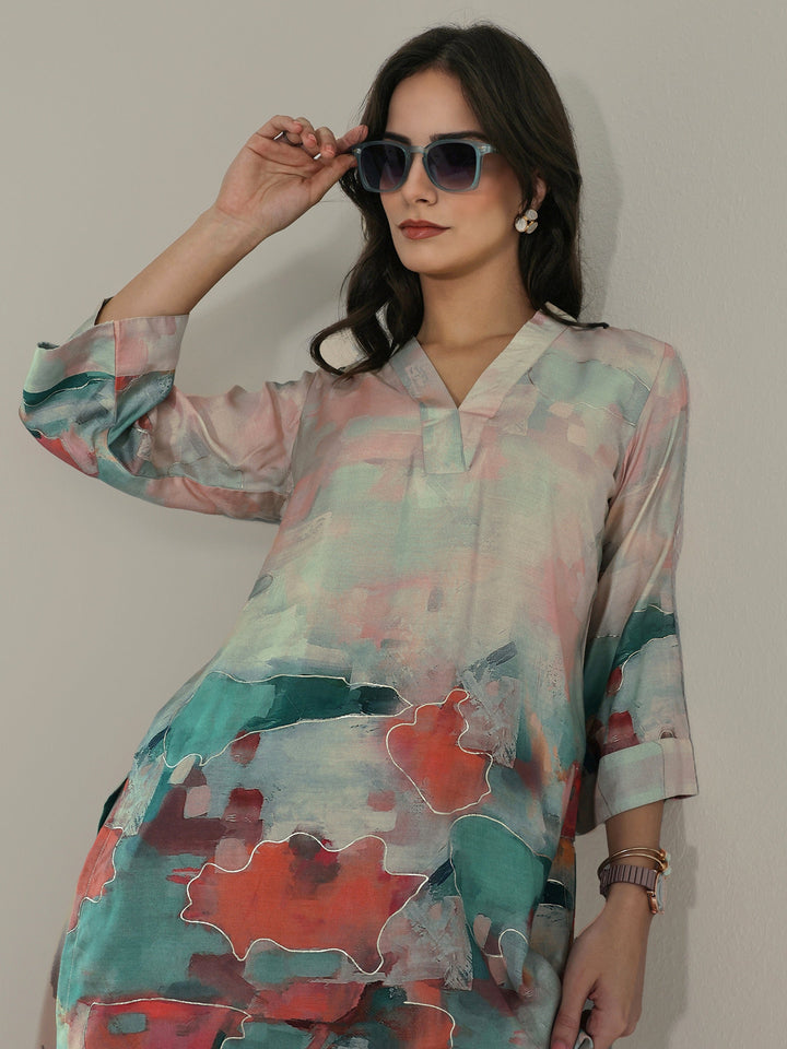 Beige Abstract Printed Muslin Straight Short Kurti