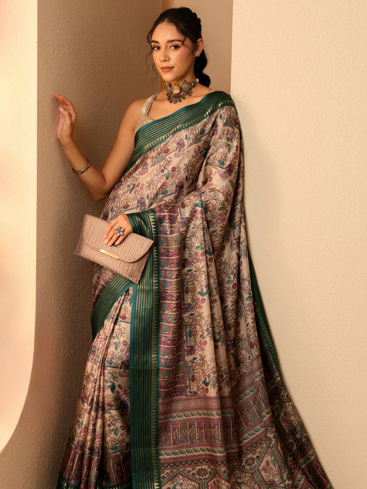 Libas Beige And Dark Green Mughal Print Silk Blend Saree