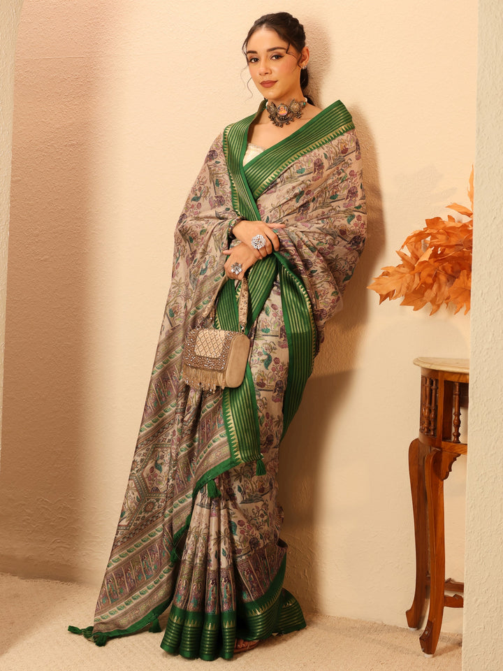 Libas Beige And Green Mughal Print Silk Blend Saree