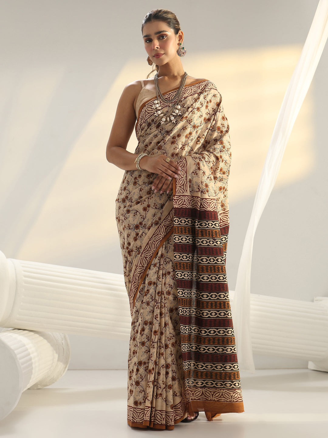 Beige Bagru Print Cotton Saree