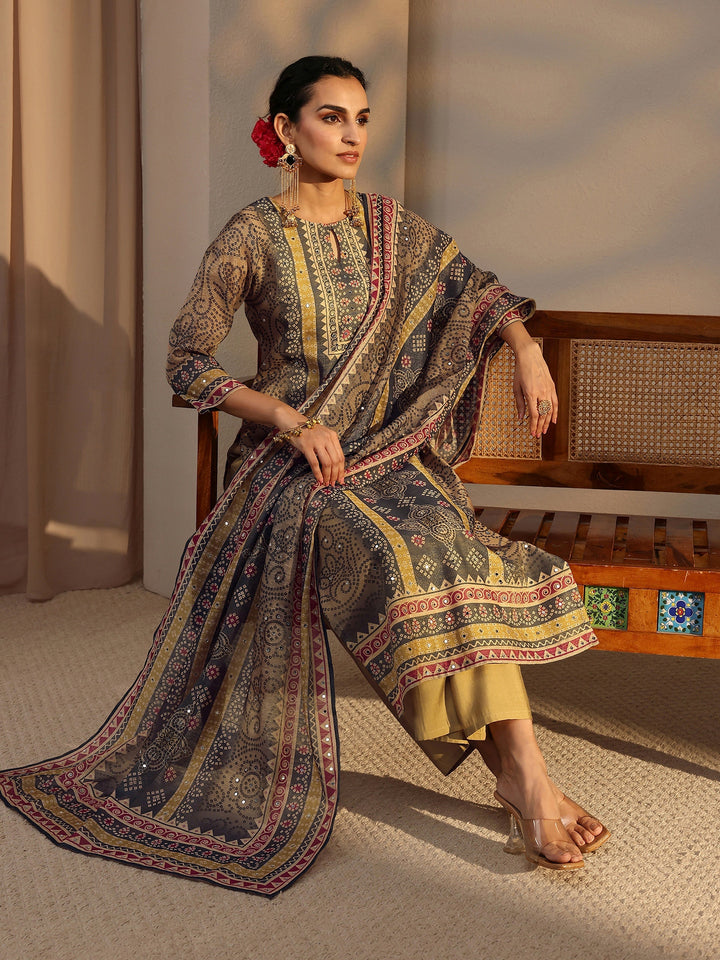 Beige Bandhani Printed Silk Blend Straight Suit Set With Dupatta