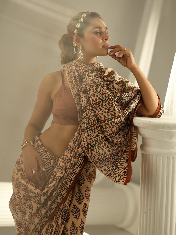 Beige Block Print Cotton Saree