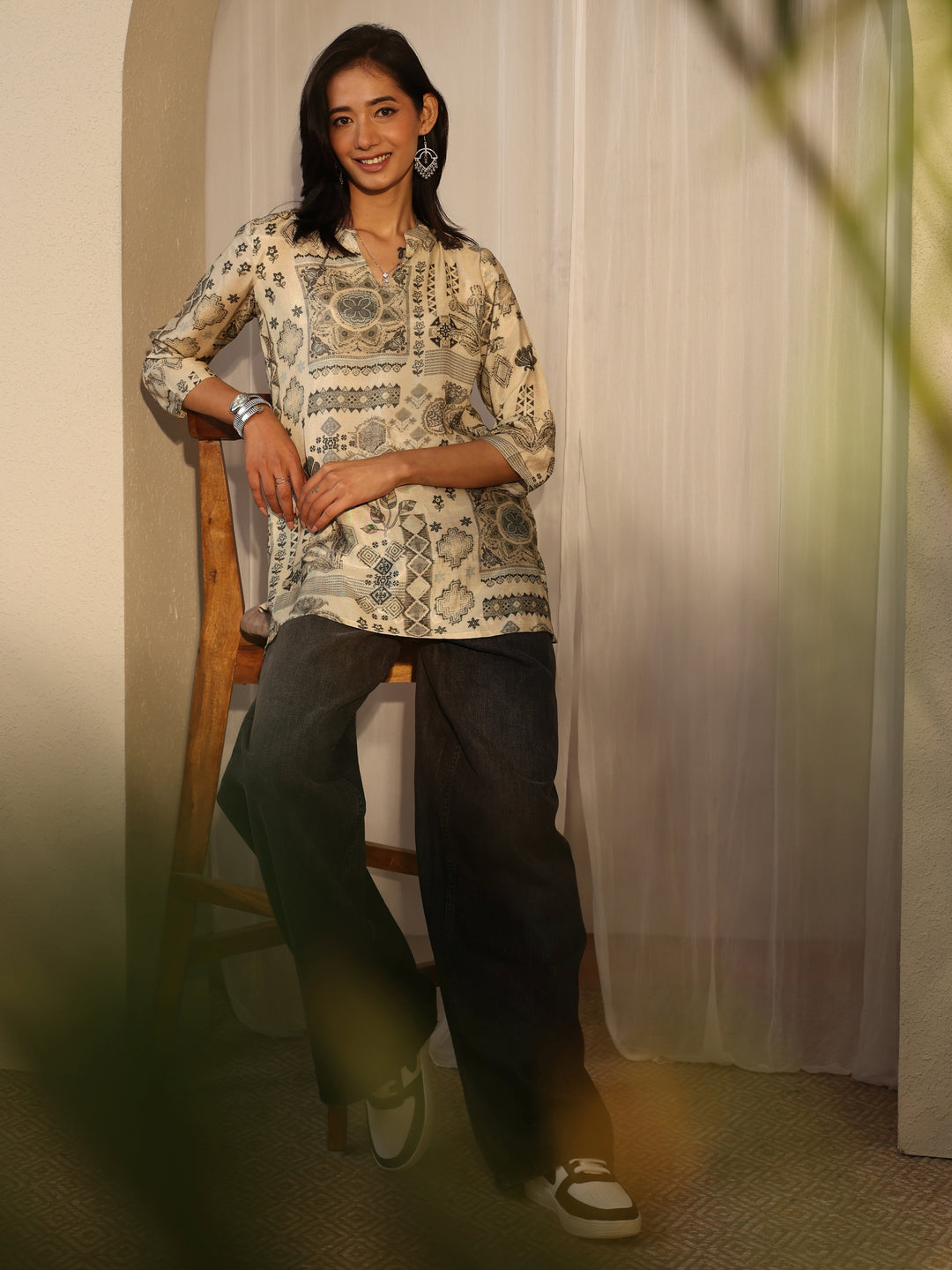 Beige Block Printed Muslin Straight Short Kurti