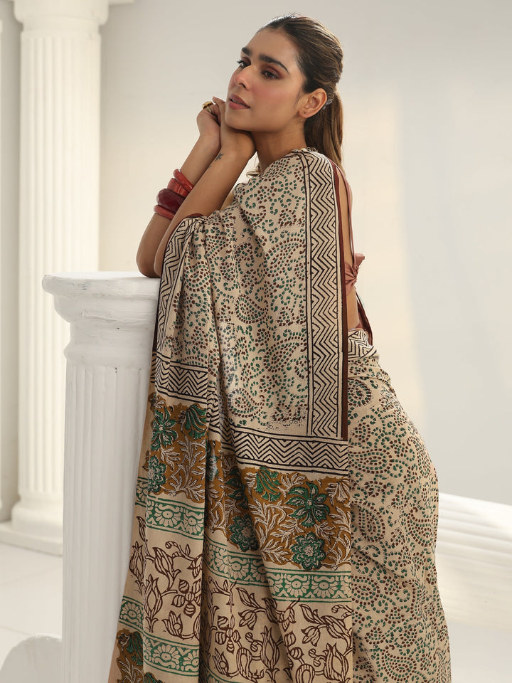 Beige Dabu Print Cotton Saree